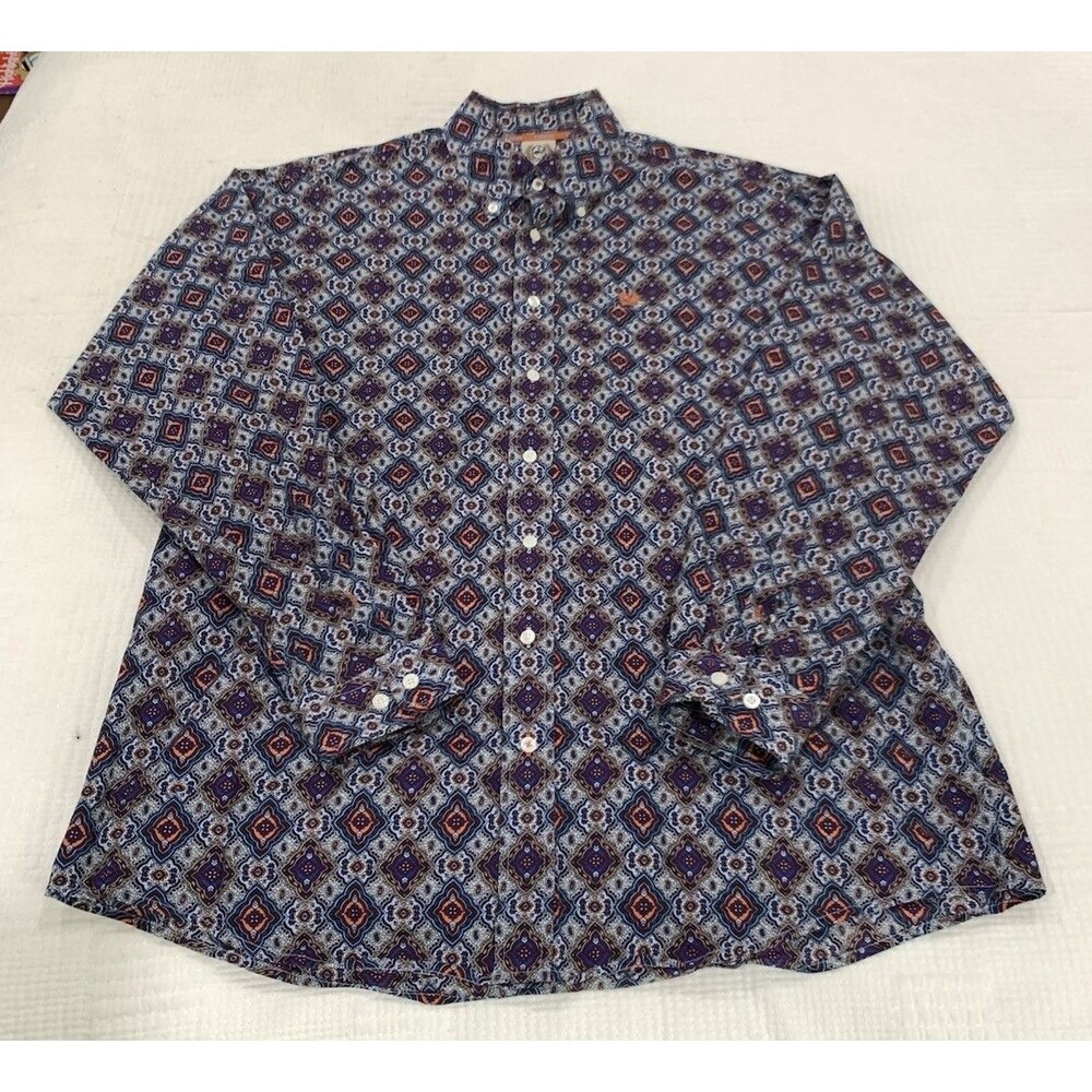Cinch Button Down Western Shirt Mens L Navy Geometric Print Long Sleeve Cotton